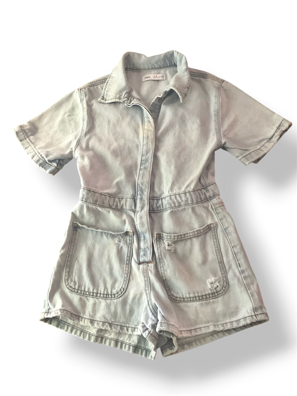 Zara | Girls Blue Denim romper light wash distressed Sz 9